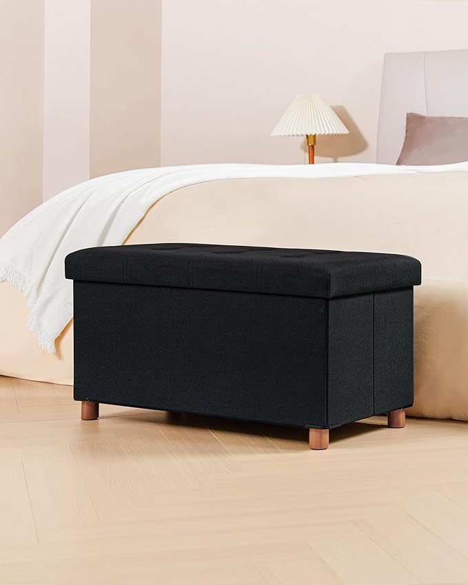 B FSOBEIIALEO Storage Ottoman with Tray, Foot Stools and Ottomans with Legs, Storage Cube Seat Linen Black 30"