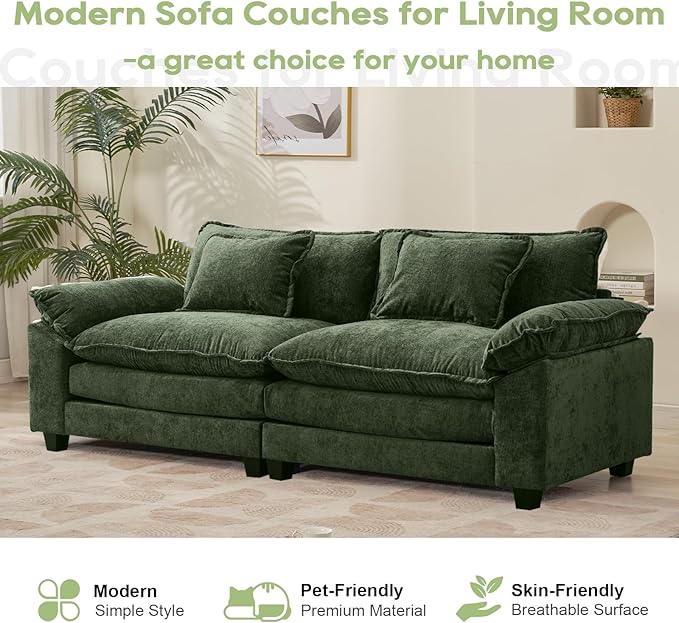 86" Modular Sectional Sofa, Comfy Cloud Couch Sectional Sofa, Chenille Sofa Sleeper Deep Seat Sofa with Throw Pillows for Living Room (Green, 86"- Loveseat)