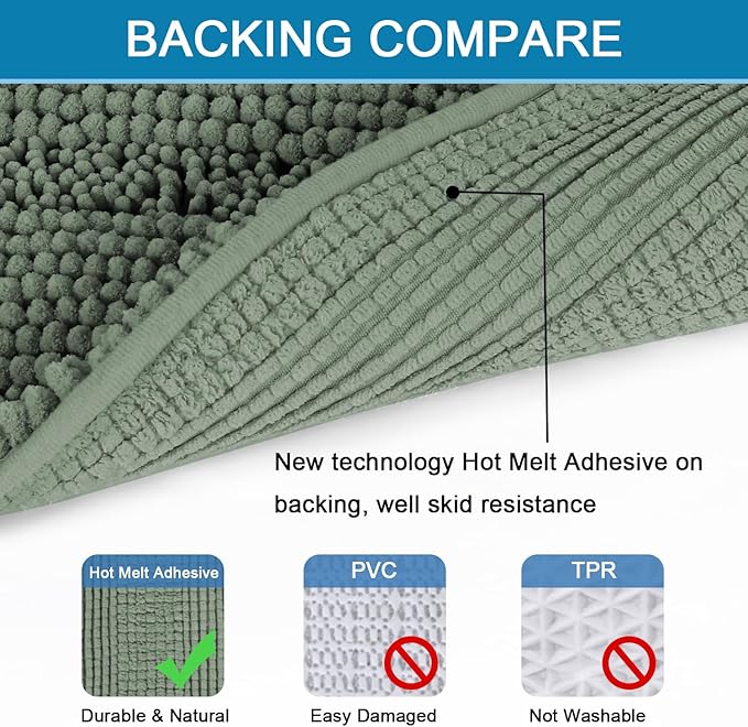 H.VERSAILTEX Bath Rugs for Bathroom Non Slip Bath Mats Extra Thick Chenille Striped Rug 20" x 32" Absorbent Non Skid Fluffy Soft Shaggy Washable Dry Fast Plush Mat for Indoor, Bath Room - Green Bay