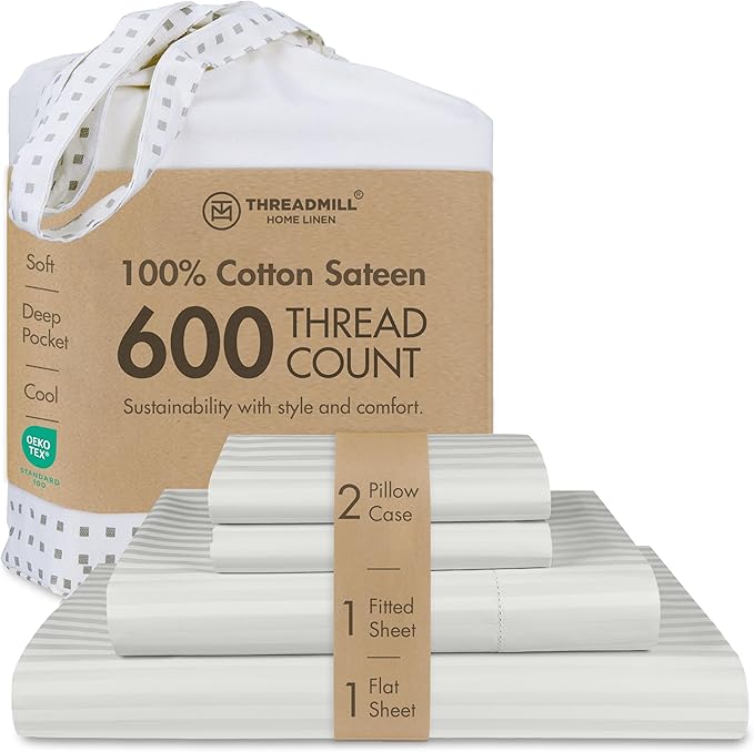 Threadmill 100% Cotton Sheets for Full Size Bed - 600 Thread Count Full Bed Sheets Set with 16” Deep Pocket - Damask Stripe Sateen Weave 4-Piece Bedding Set with Cooling Effect, Light Grey