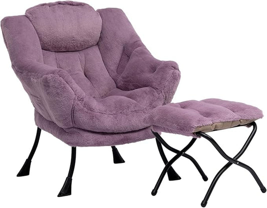 HollyHOME Lazy Chair with Foldable Ottoman, Accent Comfy Lounge Armchair and Folding Footrest Stool, Leisure Sofa Reading Chair and Footstool for Living Room, Bedroom, Dorm,Faux Fur Purple