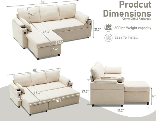 DURASPACE Sofa Bed Sleeper Pull Out 2 in 1 Sectional Sleeper Sofa Couches with Storage,USB, Cup Holder,Pullout Sectional Couches for Apartment Living Room (Beige)