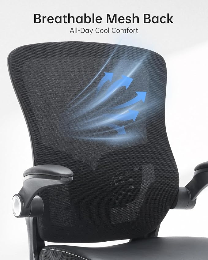 Office Chair Ergonomic Desk Chair Swivel Mid Back Mesh Computer Chair with Lumbar Support Comfy PU Leather Seat Adjustable Height Flip-up Arms Executive Task Chair,Black