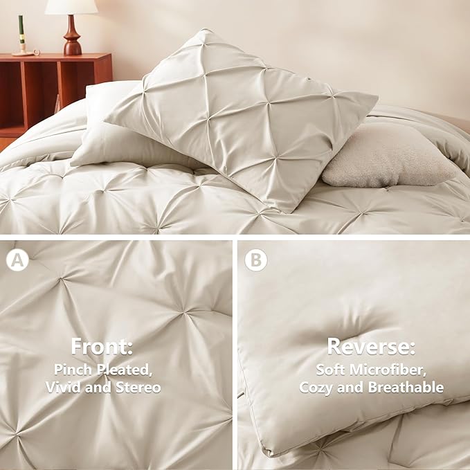 CozyLux Queen Comforter Set Beige, 7 Pieces Pintuck Bed in A Bag, Premium Beige Comforter Queen Size, Pinch Pleat Bedding Sets with Comforter, Sheets, Pillowcases & Shams