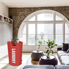 DOKEHOM 90L Large Laundry Basket, Collapsible Laundry Bag, Freestanding Tall Clothes Hamper, Foldable Washing Bin (Red)