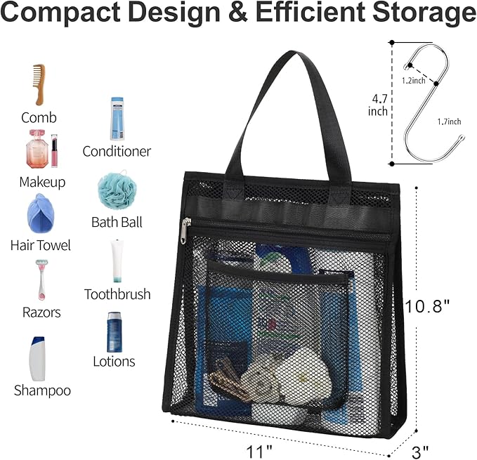 F-color Mesh Shower Caddy Portable Hanging - 3 Pockets Small Shower Bag Tote for Camping, Gym, Travel, Toiletry, Quick Dry Bathroom Essentials with S Hook, Black