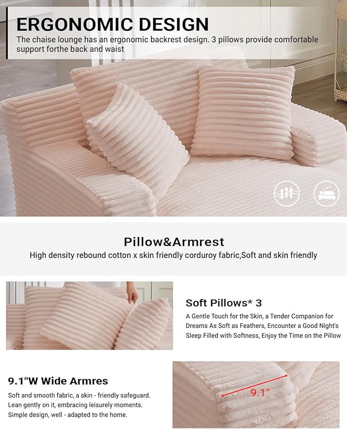 50 Inch Chaise Lounge Chair Indoor, Oversized Corduroy Upholstered Boneless Sofa Bed, Deep Seat Sleeper Couch Reading Chairs, Cloud Sofas Couches for Living Room, No Assembly Required (Pink)