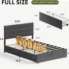 WLIVE Full Size Upholstered Bed Frame with 4 Storage Drawers and Headboard, Velvet Platform Bedframe, Sturdy Metal & Wooden Slats Support, No Box Spring Needed, Easy Assembly, Dark Grey