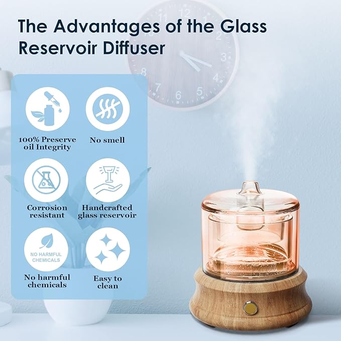 Glass Essential Oil Diffuser, 80ML Small Glass Reservoir Natural Wood Base Ultrasonic Cool Mist Aroma Diffusers with USB-Cord Auto-Off 7 Color Light for Home Office Bedroom