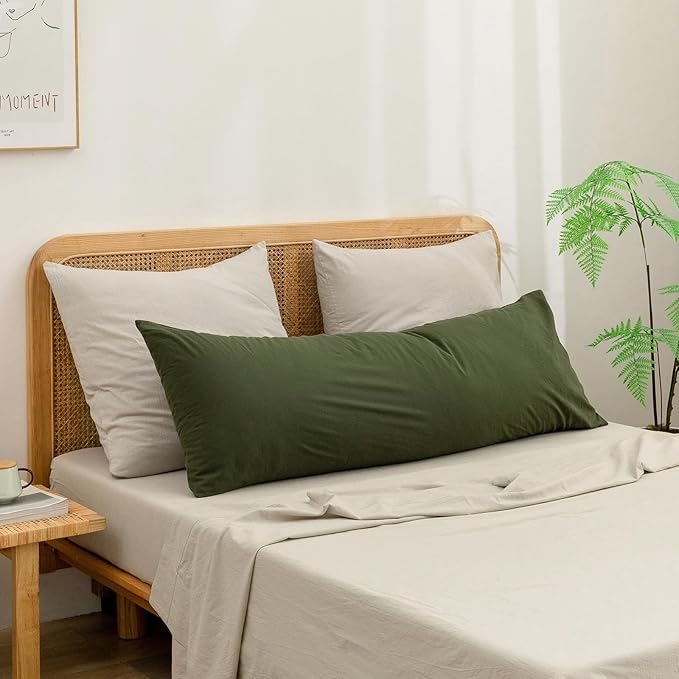 BESTOUCH 100% Washed Cotton Pillowcase for Hair and Skin Linen Feel Soft Comfortable Breathable 1 Pcs Pillow Case with Envelope Closure Solid Olive Green Body 20x54 Inches