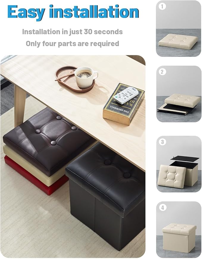 AmasSmile Storage Ottoman Folding Foot Rest Stool, Leather Footstool Bench, Short Ottoman Stool, Storage Foot Rest Store, Books (Beige-2pc, 17" D x 13" W x 13" H)