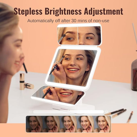 EASEHOLD Lighted Makeup Mirror with Magnification, Makeup Mirror with ligths, 2X 3X 10X Magnifying, Rechargable LED Mirror with 3 Colors Lights for Makeup Desk, Gifts for Women