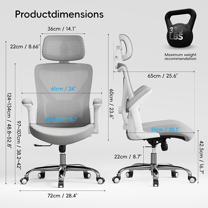 Ergonomic Office Chair-Computer X-Shaped Chair Mesh PU Leather with Adjustable Lumbar Support-Executive Desk Chair High Back with Headrest Flip-Up Arms for Long Hours (White-Grey)