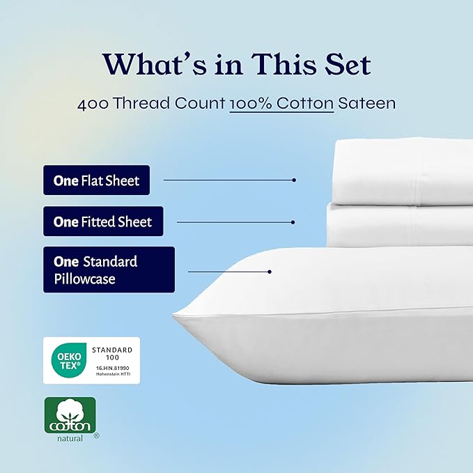 California Design Den Natural 100% Cotton Sheets, Twin Sheets Set, 400 Thread Count Sateen Bedding for Dorm Rooms & Adults, Deep Pockets with All Around Elastic, Durable - Antique White CaliforniaDesignDen