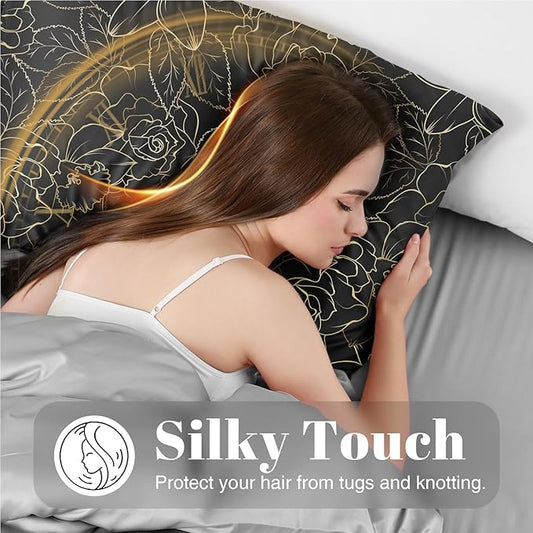 EXQ Home Satin Body Pillowcase for Hair and Skin- Rose on Black Silk Long Pillowcase 20x54 inches - Satin Pillow Cases with Envelope Closure, Gifts for Women