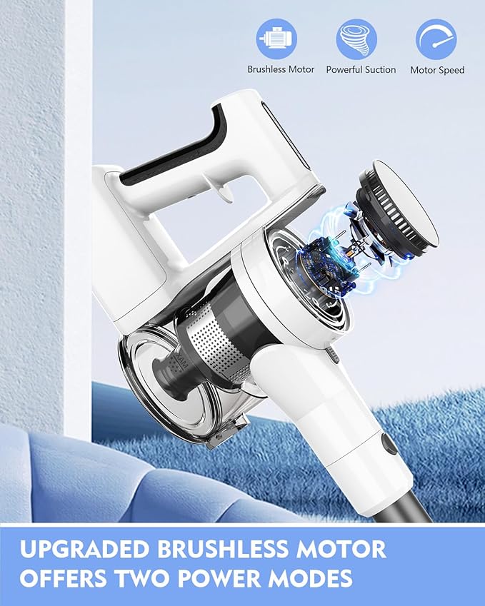 Cordless Vacuums, 80,000PRM Powerful Motor Vacuum Cleaner and 2200mAH Rechargeable Battery up to 35 Mins Worktime, 2 Adjustable Modes, Detachable Parts, Wireless Stick Vacuum (Tea White)
