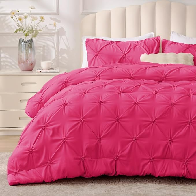 BEDELITE Hot Pink King Size Comforter Set - 3 Pieces Boho Pintuck Bedding Comforter Sets, Lightweight Soft & Warm King Bedding Set with 2 Pillowcases for All Season