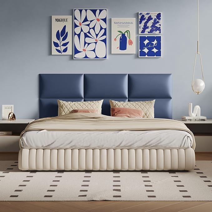 Blue Wall-Mounted Upholstered Headboard Panels, 24x12 Inches, Set of 6, Faux Leather, DIY Peel-and-Stick, Soundproof and Impact-Resistant Padding for Queen, King, or Adjustable Beds, Modern Décor
