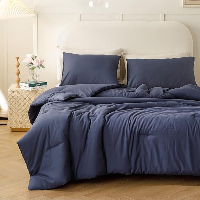 ROSGONIA Comforter Full Size for Boys Teen Girls Navy Blue, 3pcs (1 Blue Comforter & 2 Pillowcases), Lightweight Dorm Bedding Soft All Season Bed Set