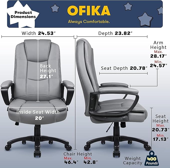 OFIKA Home Office Chair, 400LBS Big and Tall Chair Heavy Duty Design, Ergonomic High Back Cushion Lumbar Back Support, Computer Desk Chair, Adjustable Executive Leather Chair with Armrest (Grey)