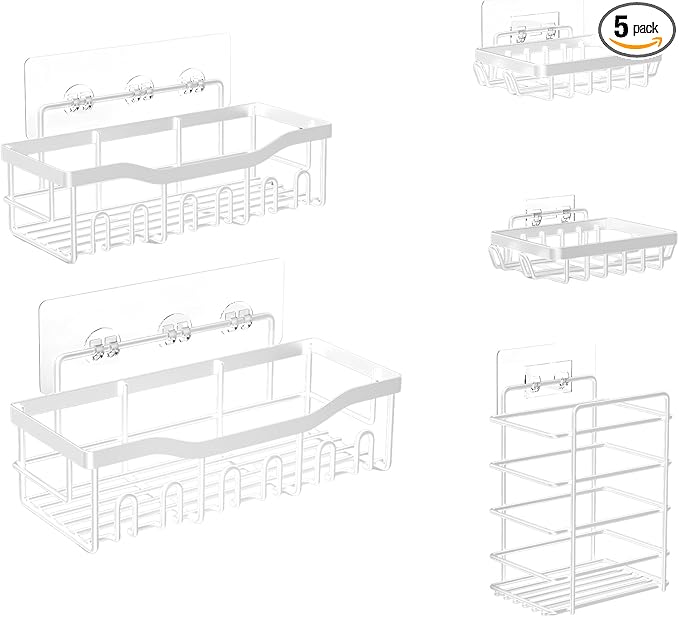 Fab Glass and Mirror Shower Caddy Pack of 5, white - Shower Organizer and Shelves for Efficient Storage, Wall Mounted Bathroom Caddy, Wall Organizer