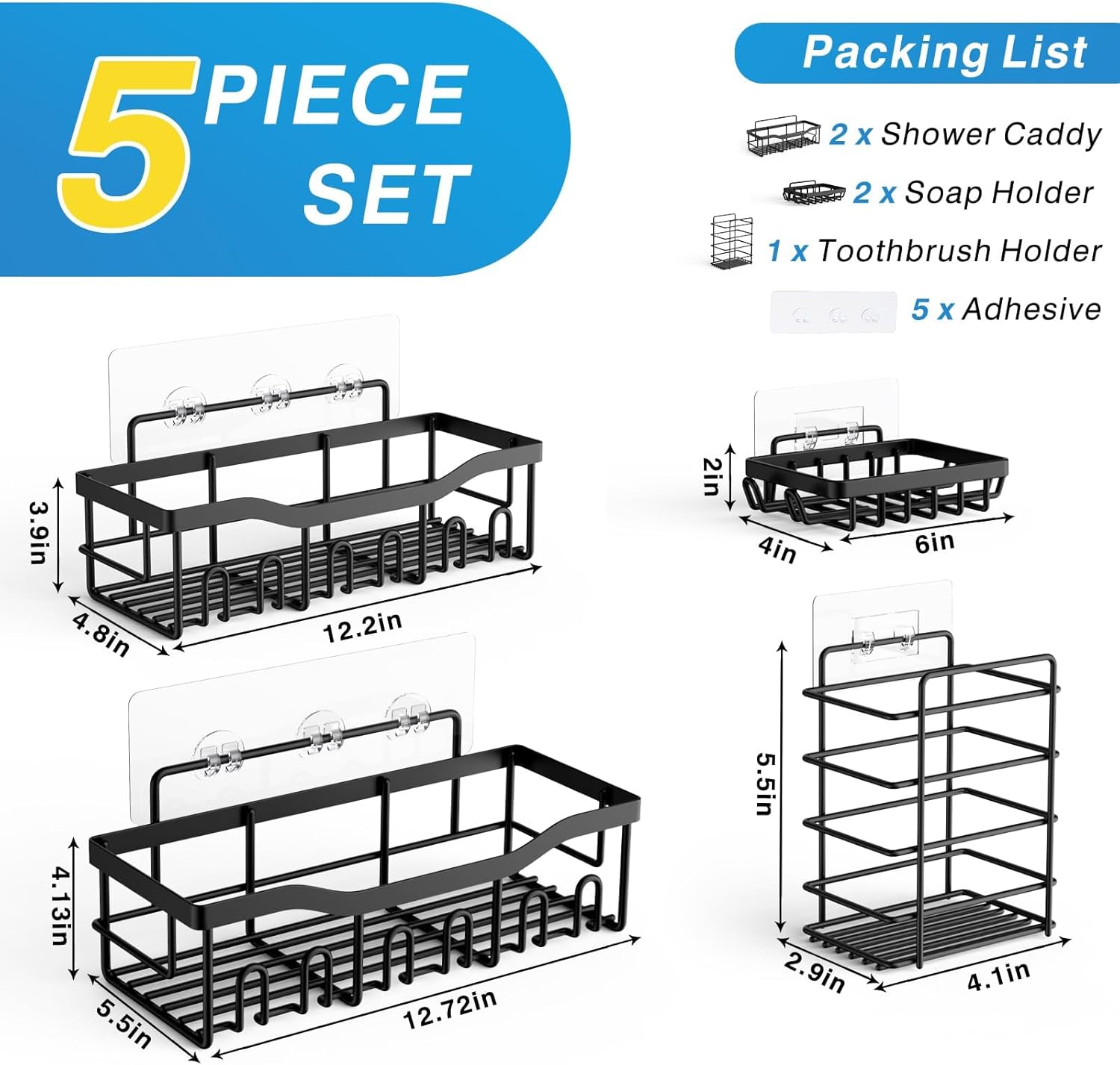 EUDELE Adhesive Shower Caddy, 5 Pack Rustproof Stainless Steel Bath Organizers With Large Capacity, No Drilling Shelves for Bathroom Storage & Home Decor Dormly