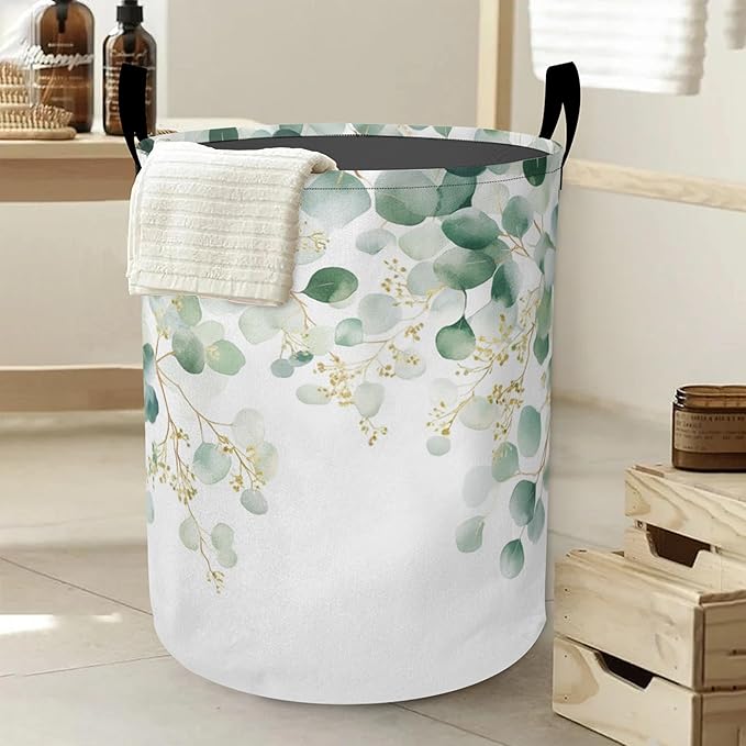 Laundry Basket,Vintage Eucalyptus Leaves Large Canvas Fabric Lightweight Storage Hamper Organizer Dirty Clothes Collapsible Waterproof for College Dorms,Bathroom