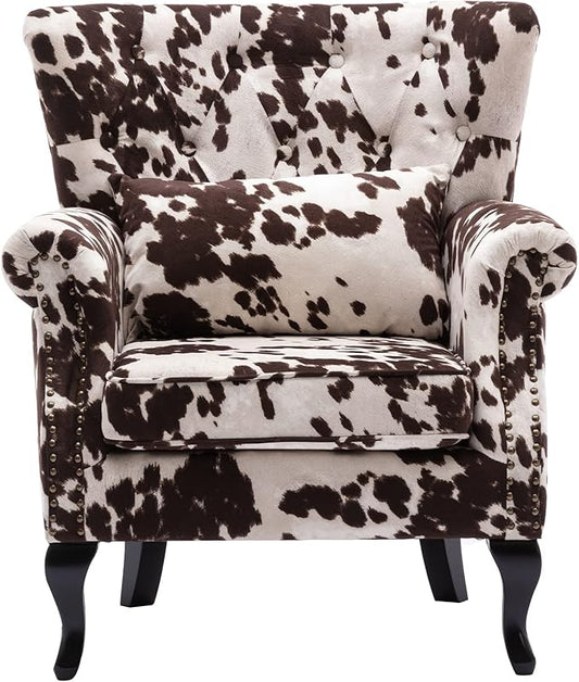 Mid Century Accent Chair Modern Button Tufted Armchair Wingback Club Chair Velvet Single Sofa Lounge Chair with Pillow for Living Room Bedroom, Cowhide Print