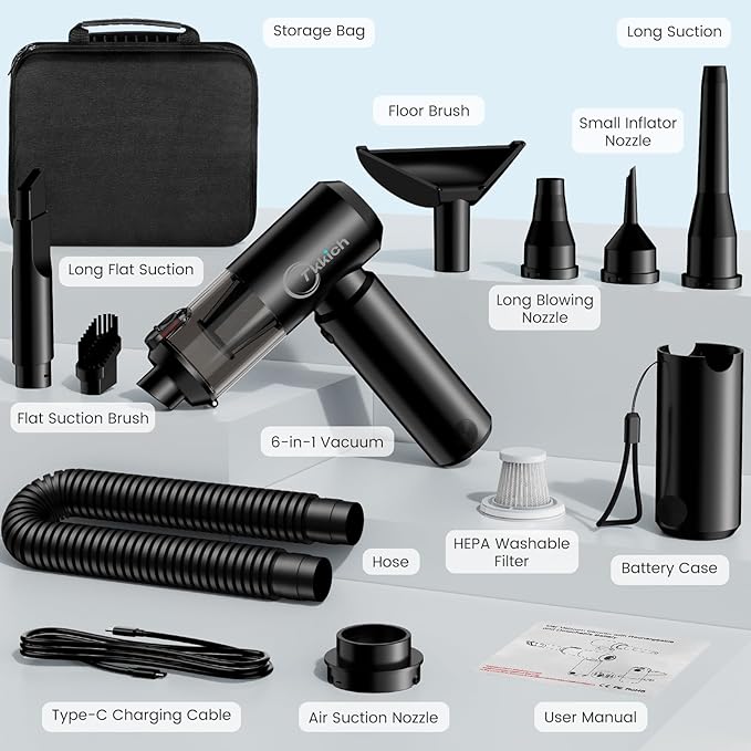 Cordless Car Vacuum Cleaner with Removable Battery as 35W Power Bank, 6-in-1 Handheld Vacuum Blower Set,18000PA Mini Vacuum Cleaner 6000mAH with Brushless Motor for Car Home Pet Cleaning