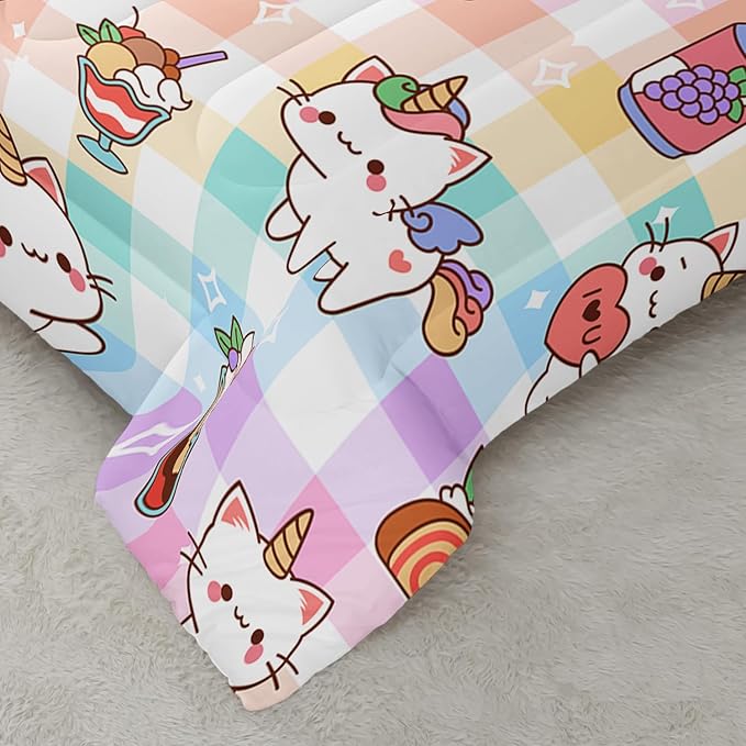 CVHOUSE Cartoon Cat Comforter Queen Set,Rainbow Cat Girls Queen Bedding Set for Kids Teens,Cat Unicorn Quilt Set 3Pcs Cat Bed Set Cat Duvet Set Kitty Room Decor All Season