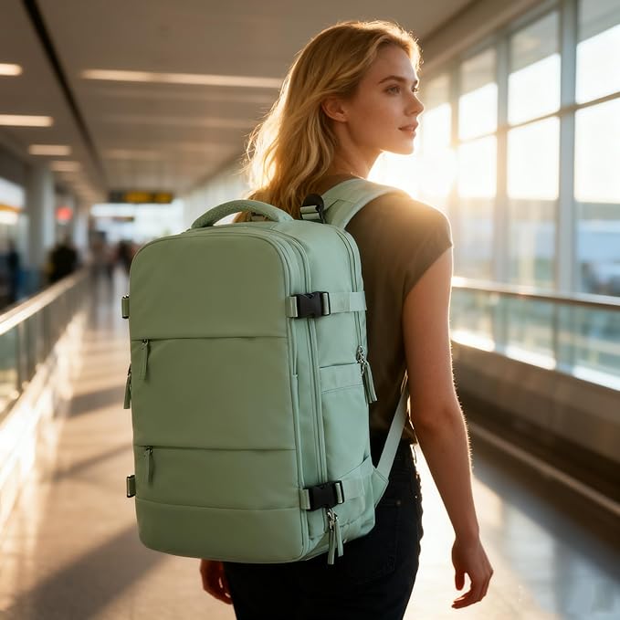 Vacuum Backpack Travel with Electric Vacpack Pump, Vacuum Compression Bags Travel Backpack for Women Men, Flight Approved Waterproof Carry on Backpacks Laptop Weekender Daypack, Large, Light Green