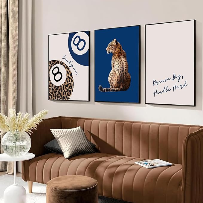 Navy Blue 3 Pcs Leopard Print Wall Art Cheetah animal prints 8 Ball Lucky Me pictures Trendy Wall decor Y2k aesthetics painting artwork for Apartment Dormitory College style Decoration,12x16in Poster