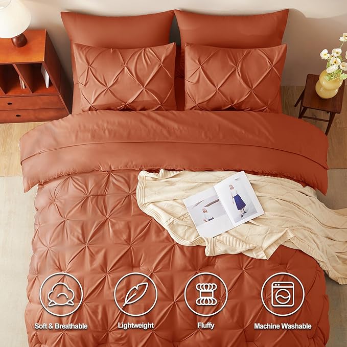 CozyLux Queen Comforter Set Burnt Orange, 7 Pieces Pintuck Bed in A Bag Premium Terracotta Comforter Queen Size, Pinch Pleat Bedding Sets with Comforter, Sheets, Pillowcases & Shams