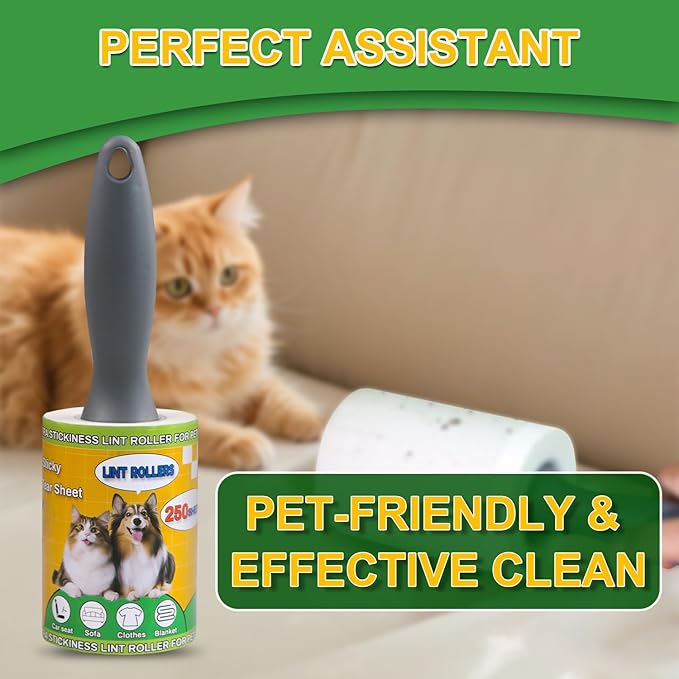 Lint Roller Pet Hair Value Pack of 250 Sheets, Extra Sticky Lint Remover for Dog & Cat Fur, Clothes, Furniture, Couches Reusable Lint Remover for Fuzz, Fluff & Hair(White)