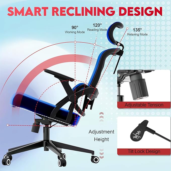 Ergonomic Office Chair - 400LB Comfy Desk Chairs with Adjustable Headrest and Lumbar Back Support, Mesh Computer Chairs with Wheels and Arms for Home Office, Study (218Blue-With Headrest)