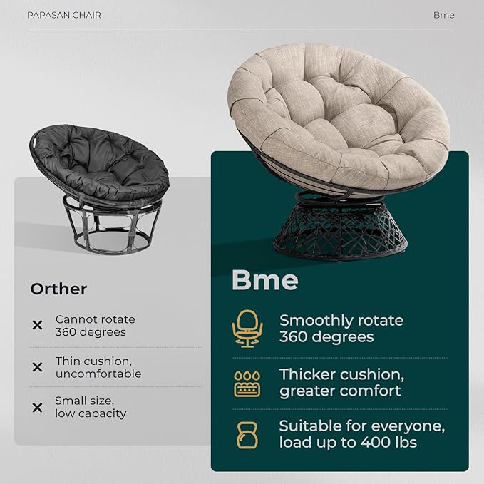 Bme 40" Ergonomic Wicker Papasan Chair with Soft Thick Cushion & Frame, 360° Swivel Papasan Chair, Circle Chair, Reading Chair, Chair for Living Room, Bedroom, Silver Cloud - Black Frame