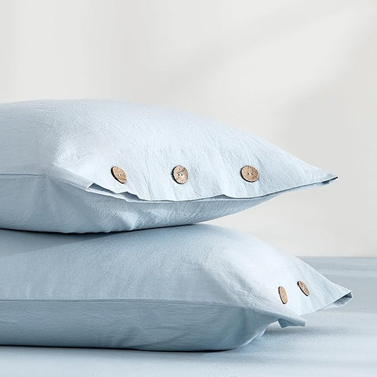 JELLYMONI 100% Washed Cotton Standard Pillowcases Set, 2 Pack Linen-Like Texture Breathable Pillow Covers with Button Closure,Mist Blue Standard 20"×26"(Pillows are not Included)