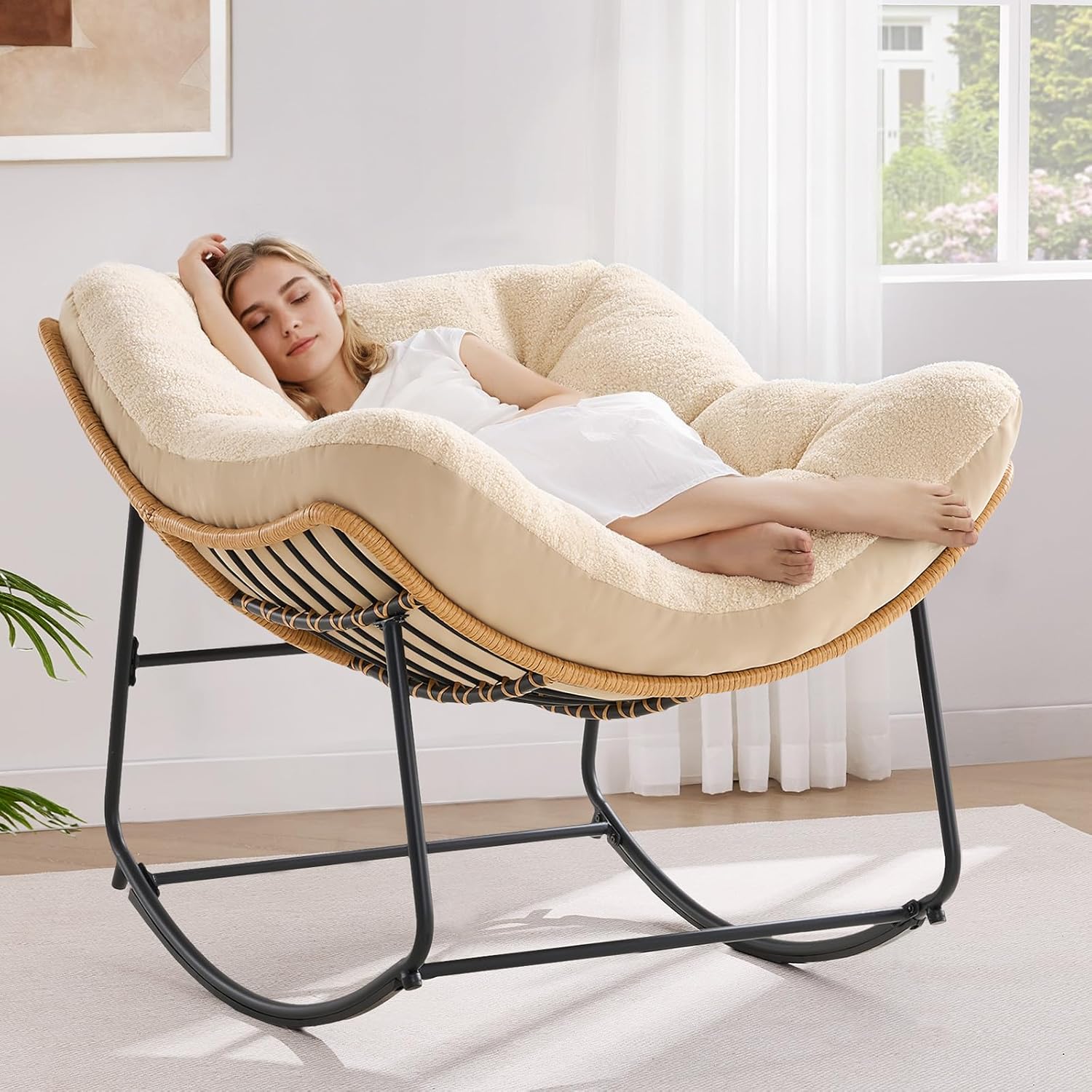 ONBRILL Outdoor Rocking Chairs, Oversized Papasan Rocking Chair Indoors with Padded Cushions, Rattan Wicker Lounge Chair for Living Room, Porch, Patio, Garden, White