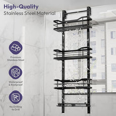 SWTYMIKI Over the Door Shower Caddy - 4 Tier Adjustable Shower Organizer Hanging with Soap Holder, No Drilling Stainless Steel Bathroom Rack Hanging for Body Wash, Shampoo, Soap, Razor, Black