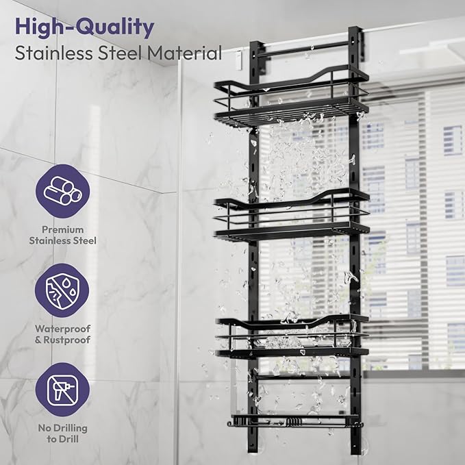 SWTYMIKI Over the Door Shower Caddy - 4 Tier Adjustable Shower Organizer Hanging with Soap Holder, No Drilling Stainless Steel Bathroom Rack Hanging for Body Wash, Shampoo, Soap, Razor, Black