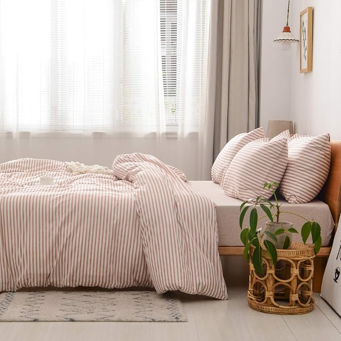 JELLYMONI 100% Natural Cotton 3pcs Striped Duvet Cover Sets,White Duvet Cover with Pink Stripes Pattern Printed Comforter Cover,with Zipper Closure & Corner Ties(Full Size)