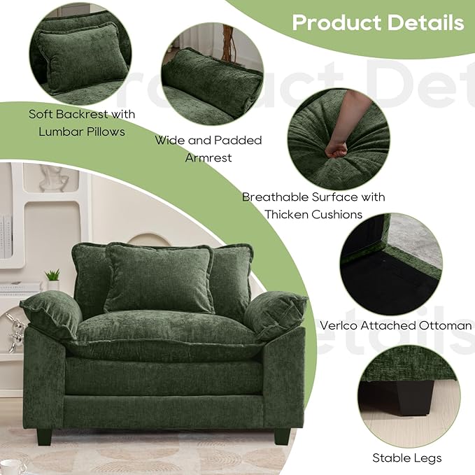 Modular Sectional Sofa, Comfy Cloud Couch Sectional Sofa, Chenille Sofa Sleeper Deep Seat Sofa with Throw Pillows for Living Room (Green, 53"- Single Seat)