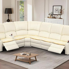 Manual Reclining Sectional Sofa Set, 6 Seats Soft Leather Recliner Corner Sectional Couch, Family-Sized L-Shaped Recliner Couch with USB Charging, Thickened Padding, Sturdy Frame, White