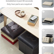 AmasSmile Storage Ottoman Folding Foot Rest Stool with Side Pocket, 16 inches Leather Footstool Bench, Short Ottoman Bench, Storage Foot Rest Store, Books, Beige