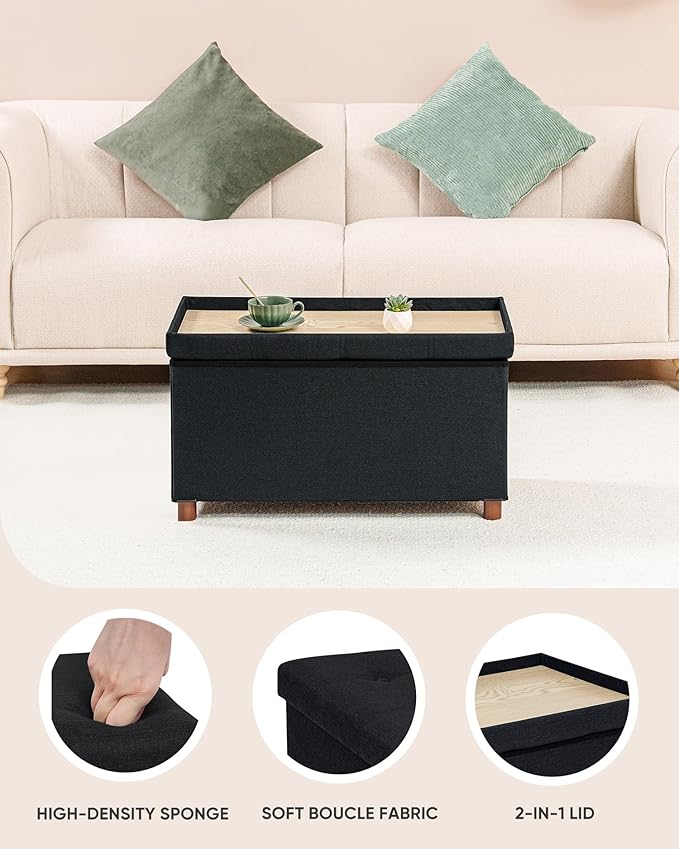 B FSOBEIIALEO Storage Ottoman with Tray, Foot Stools and Ottomans with Legs, Storage Cube Seat Linen Black 30"