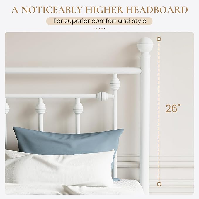 SHA CERLIN 14'' Full Size Metal Platform Bed Frame/Victorian Headboard and Footboard/Steel Slats Mattress Foundation for Storage/No Box Spring Needed/Noise Free/White