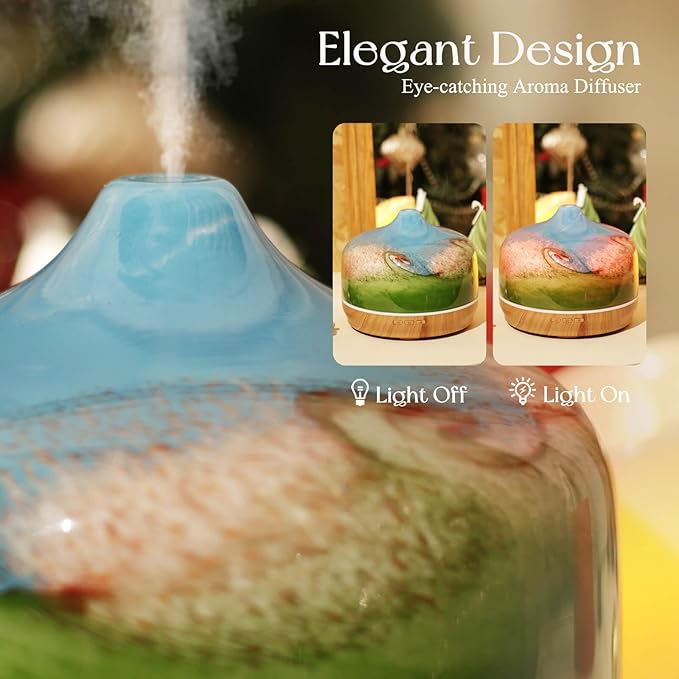 Porseme 500ml Glass Essential Oil Diffuser Aromatherapy Ultrasonic Cool Mist Humidifier 15-21 Running Hours Waterless Auto-Off Air Diffusers for Sleeping Yoga Office Working Spa and Rest (Blue Grass)