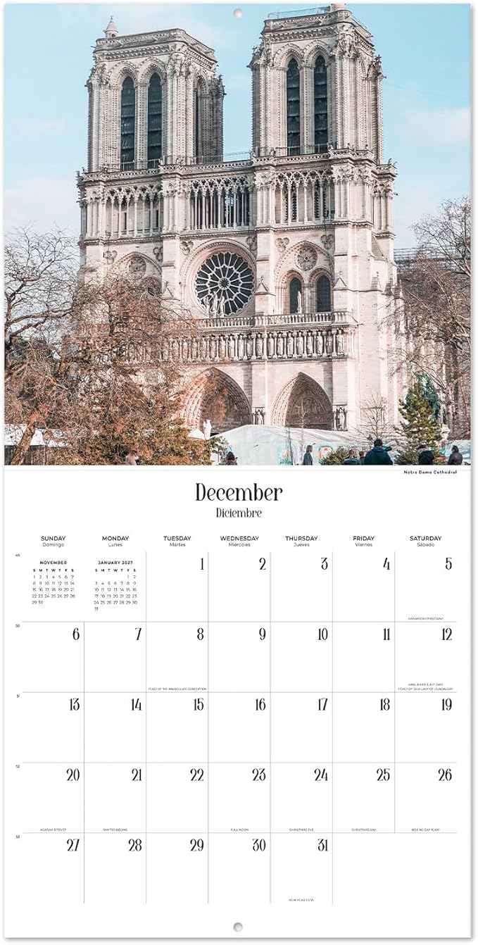 Paris Wall Calendar 2026 12" x 12" FSC® Plastic Free - Starts Week On Sunday | Family Planner Travel Calendar 2026