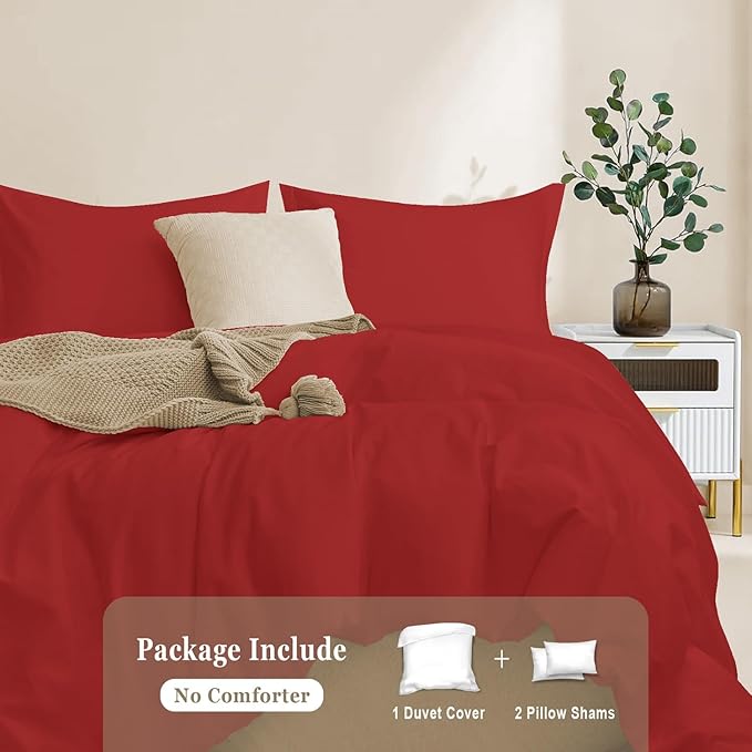 100-Percent Cotton Duvet Cover Set, Hidden Zipper Closure, Ultra Soft, Easy Care and Durable, Simple Bedding Style, Queen, Red (Comforter Not Included)