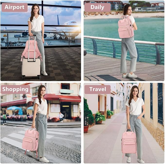 Laptop Backpack for Women Work Bag - 15.6 inch Travel Backpack with USB Charger Business Computer Backpacks for Office College Back pack for Teacher Casual Waterproof Bookbag for Nurses Pink